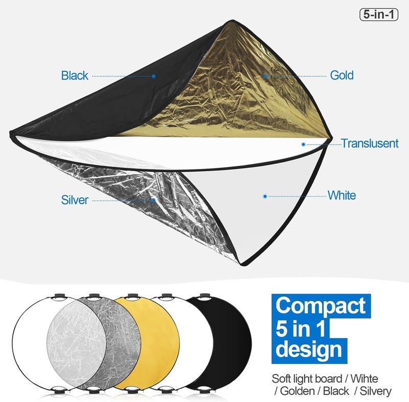 Wellmaking 43Inch/110cm Photography Light Reflector, Portable Foldable 5 in 1 Diffuser Reflectors with Bag & tilt Adapter for Studio & Outdoor Lighting-Translucent, Silver, Gold, White and Black - Image 3